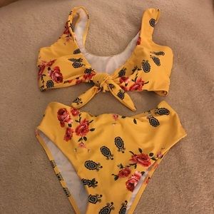 High waisted yellow floral bikini